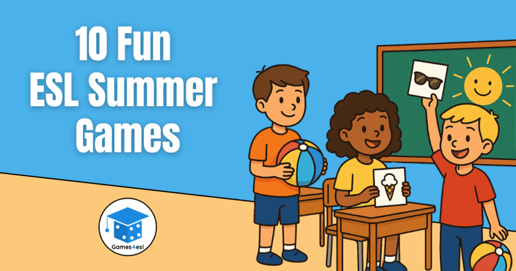 Illustration of students playing ESL summer games in a classroom, holding flashcards and a beach ball, with a sun drawing on the chalkboard.