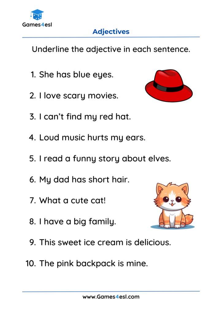 A worksheet to teach adjectives to grade 2.