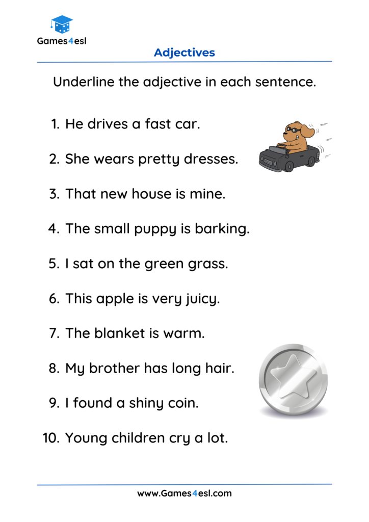 A worksheet to teach adjectives to grade 2.