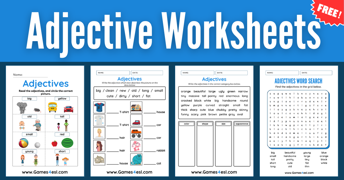 A collage showing 4 different adjective worksheets for kids.