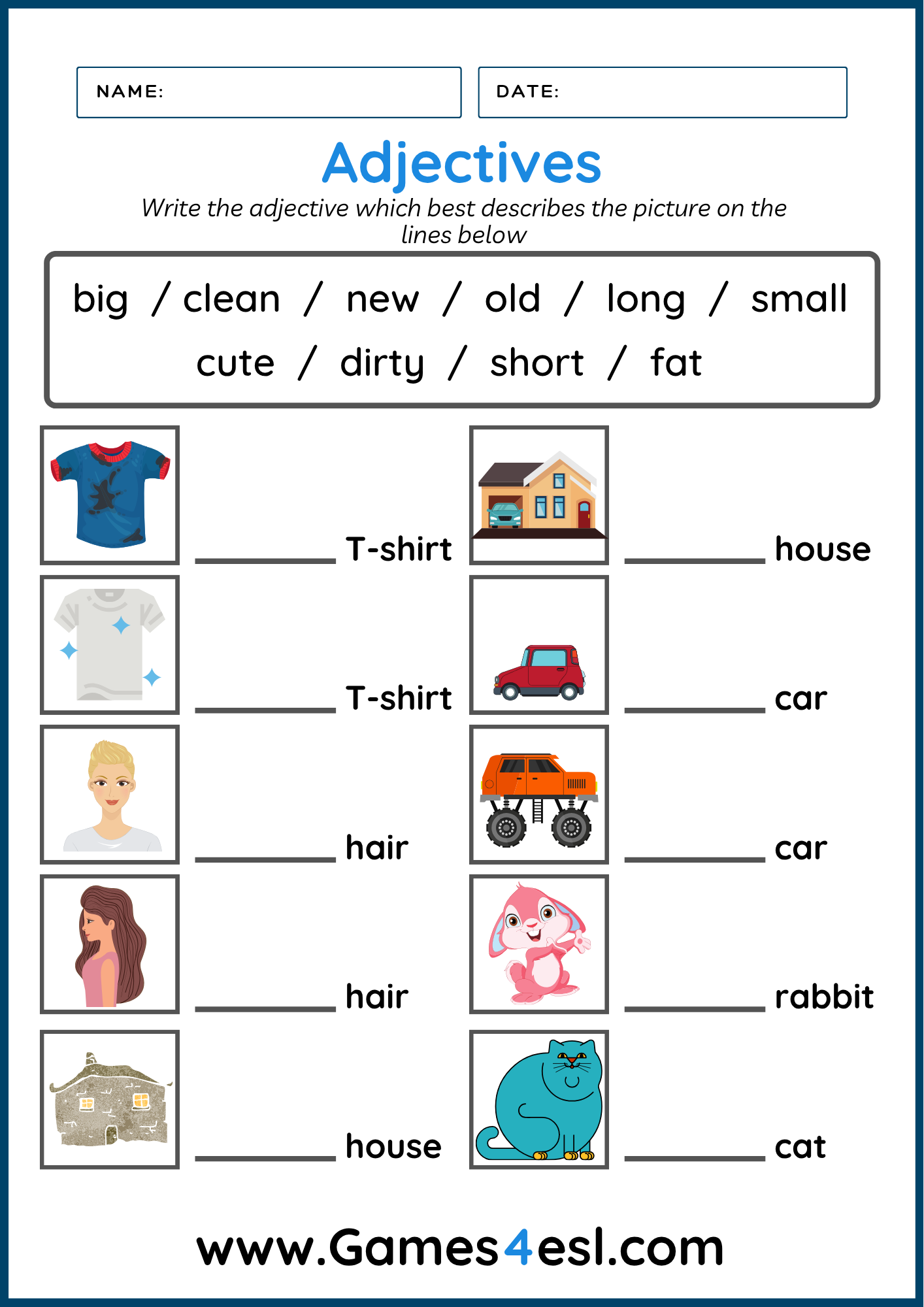 An Adjectives Fill in the blank Worksheet