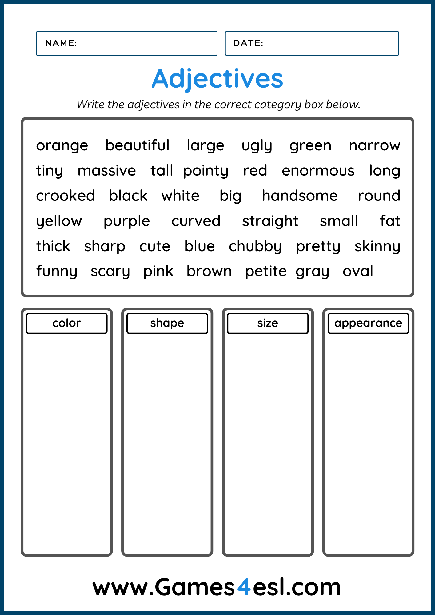 An Adjectives Sorting Worksheet