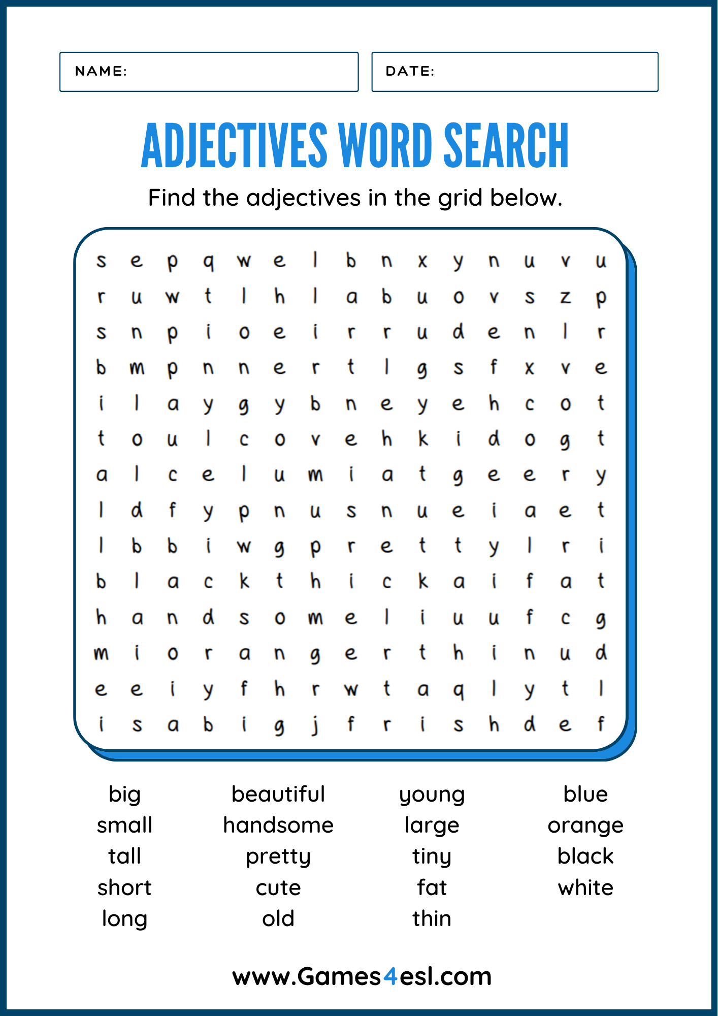 An Adjectives Word Search