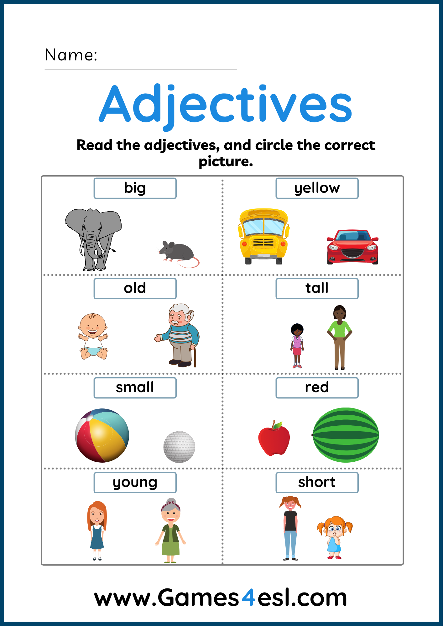 An adjectives worksheet for kids.