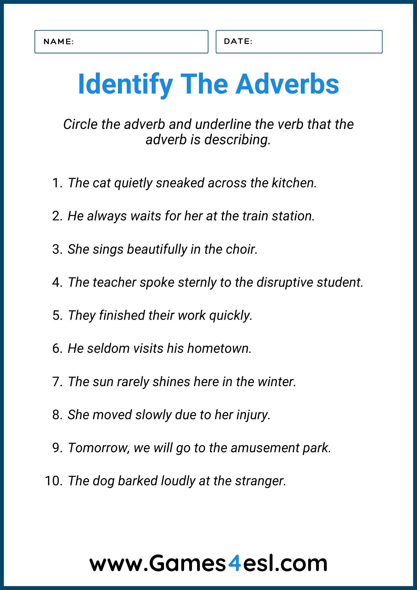 An Worksheet for practicing adverbs in English