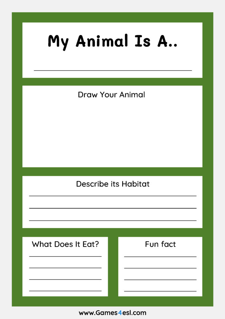 A worksheet in which students must draw and write about an animal's habitat.
