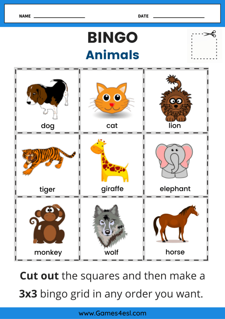 An animal bingo worksheet for kids.
