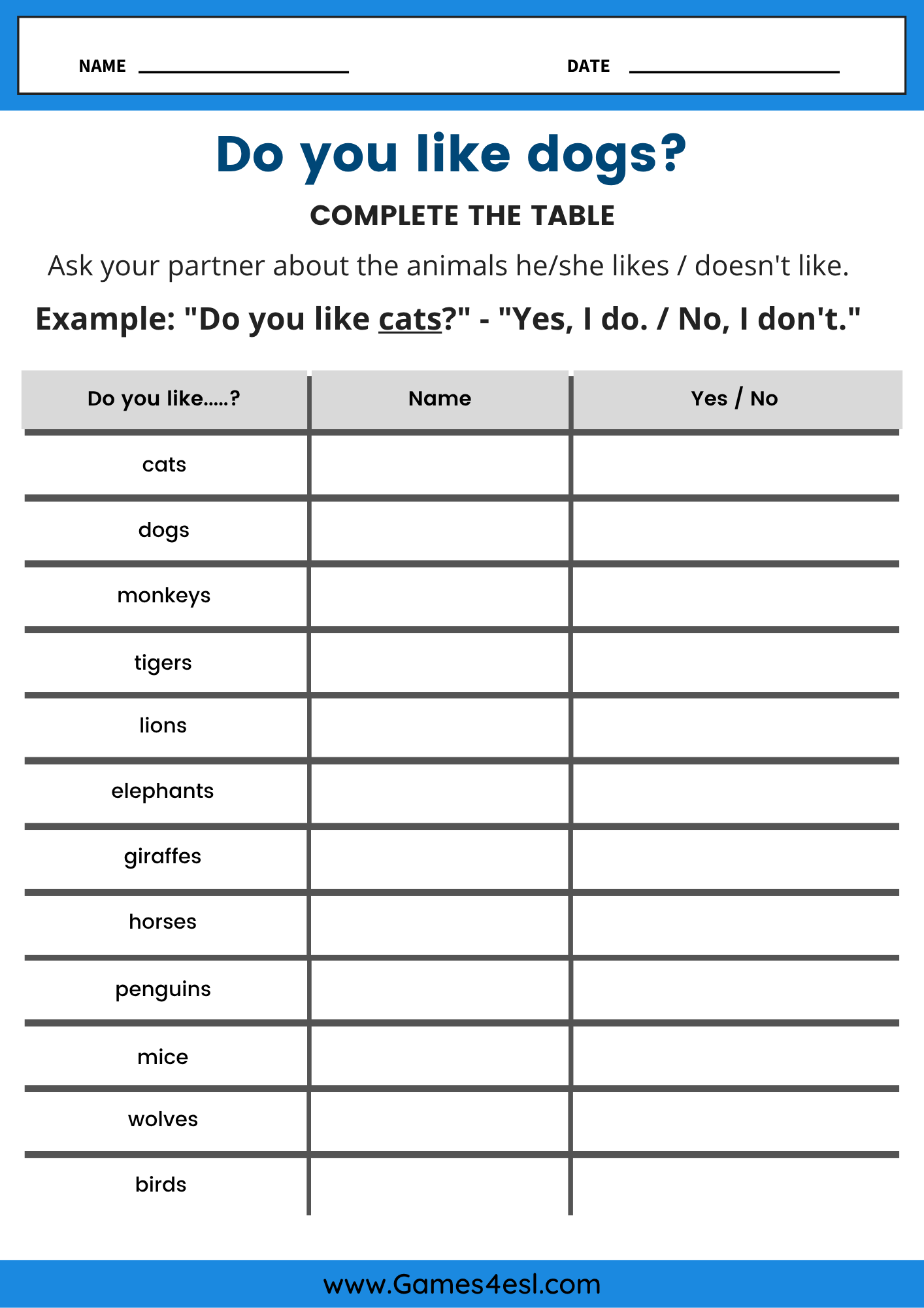 A Animals Speaking Activity Worksheet