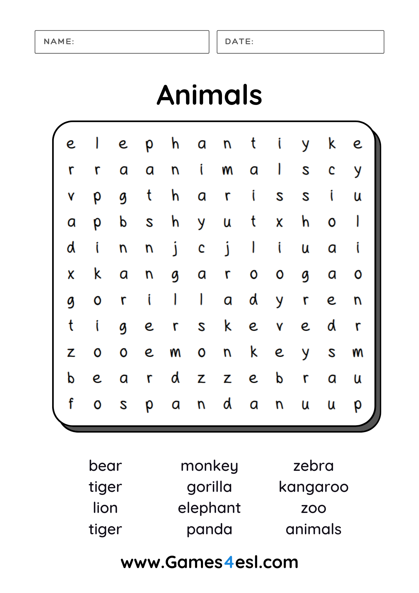 An Animals Word Search Worksheet.