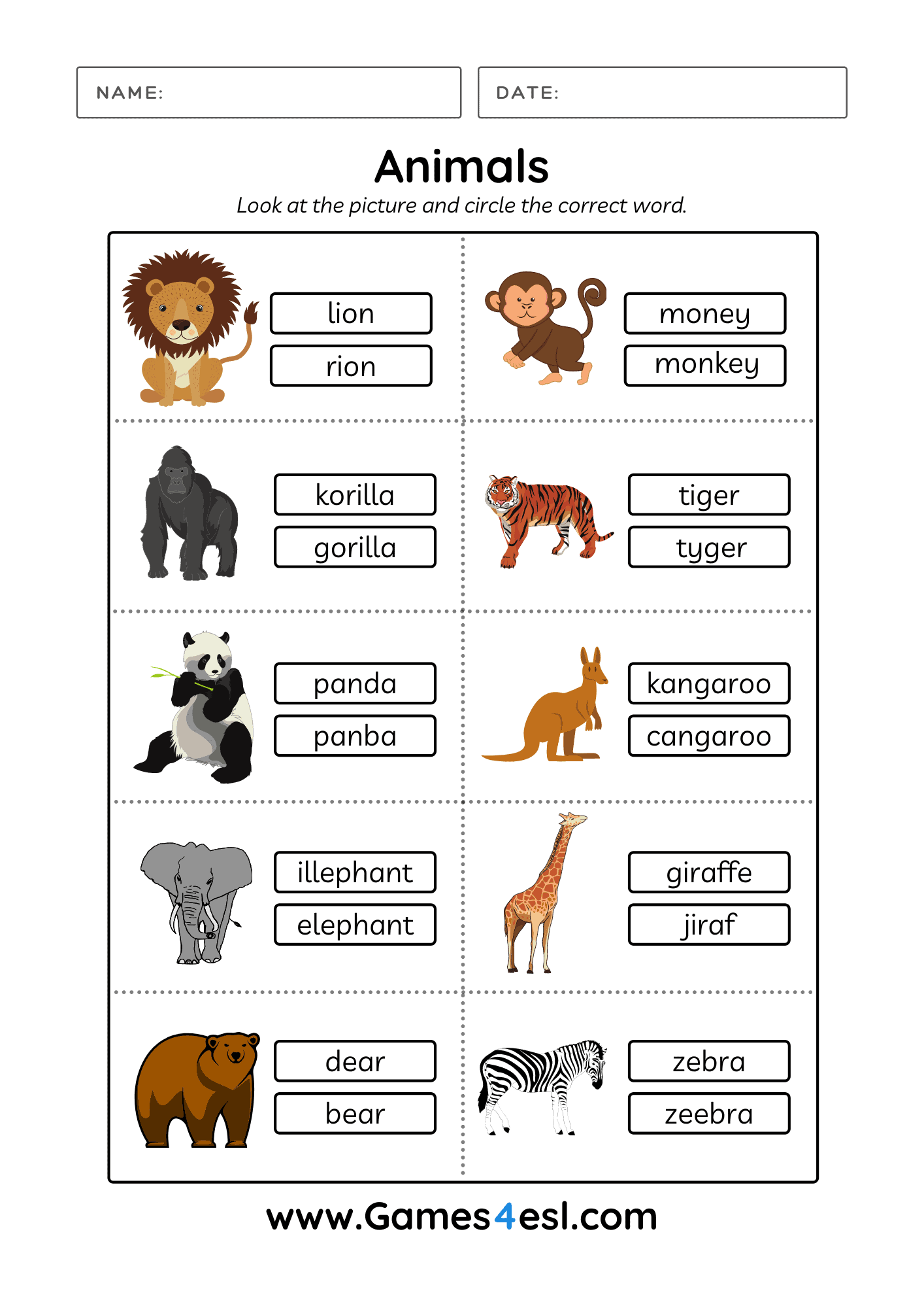 animal-worksheets-games4esl