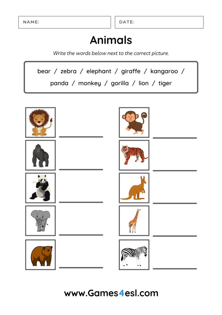 Animals Writing Worksheet for kids.