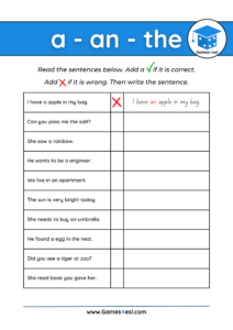 Articles A An The | Free Worksheets | Games4esl