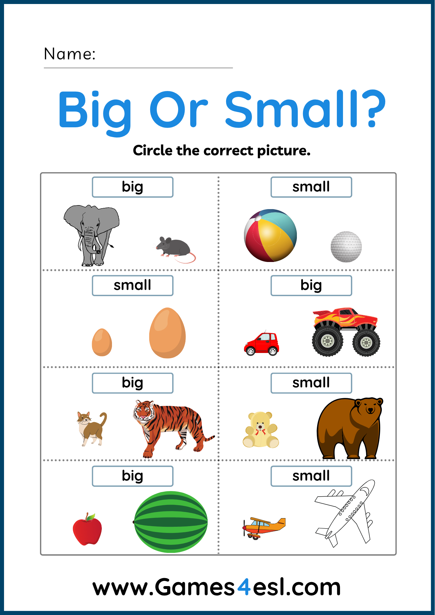 A worksheet for kids to practice the adjectives big and small.