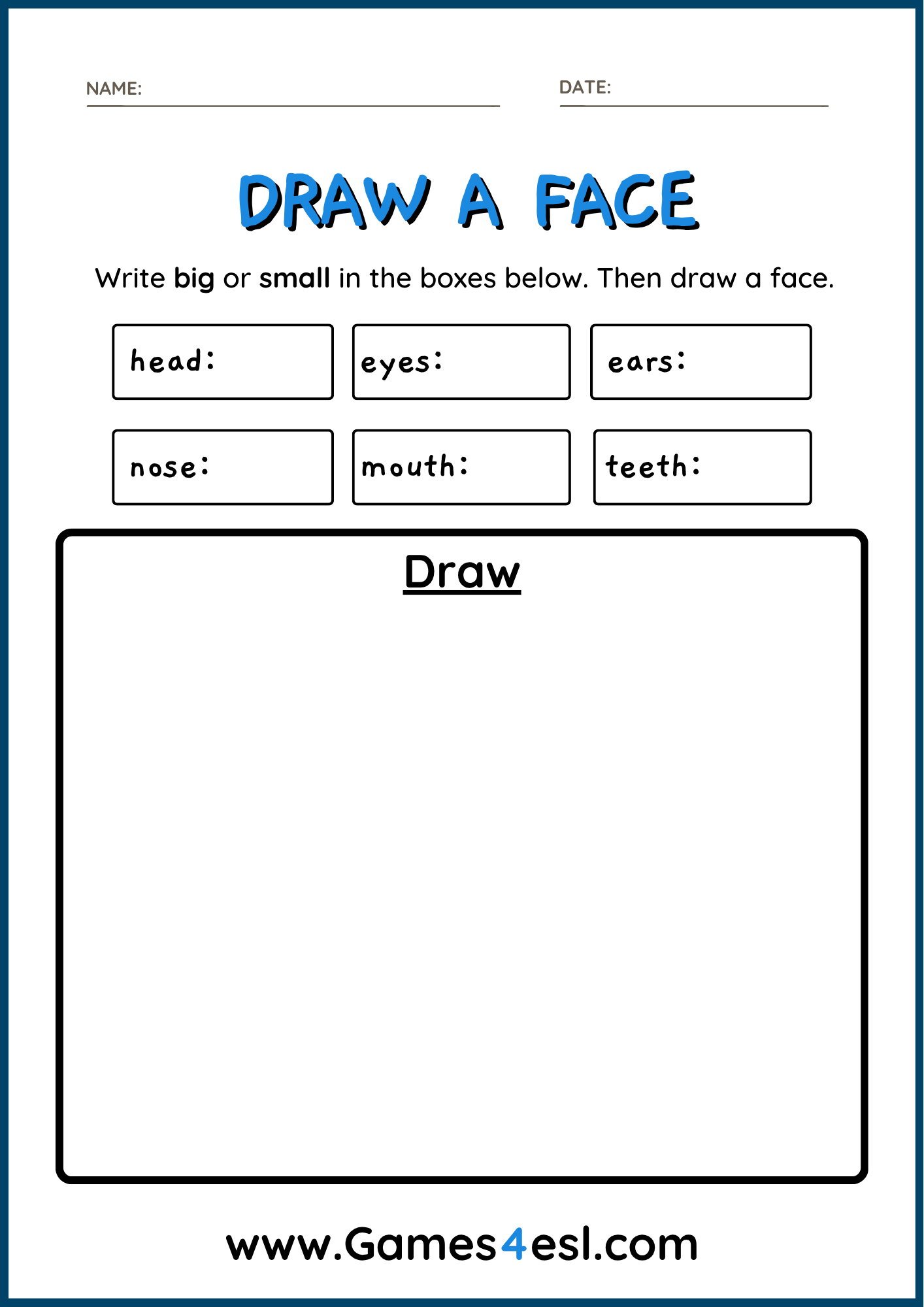 A drawing worksheet to practice basic adjectives.