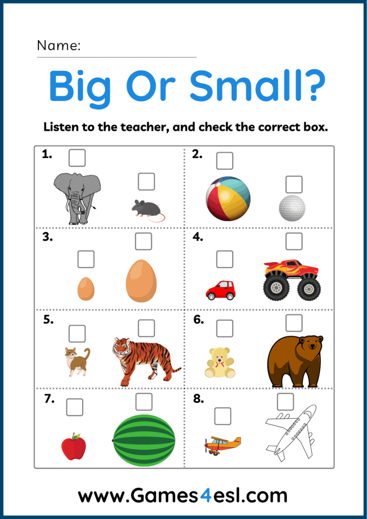 A printable wrksheet about the basic adjectives big and small.