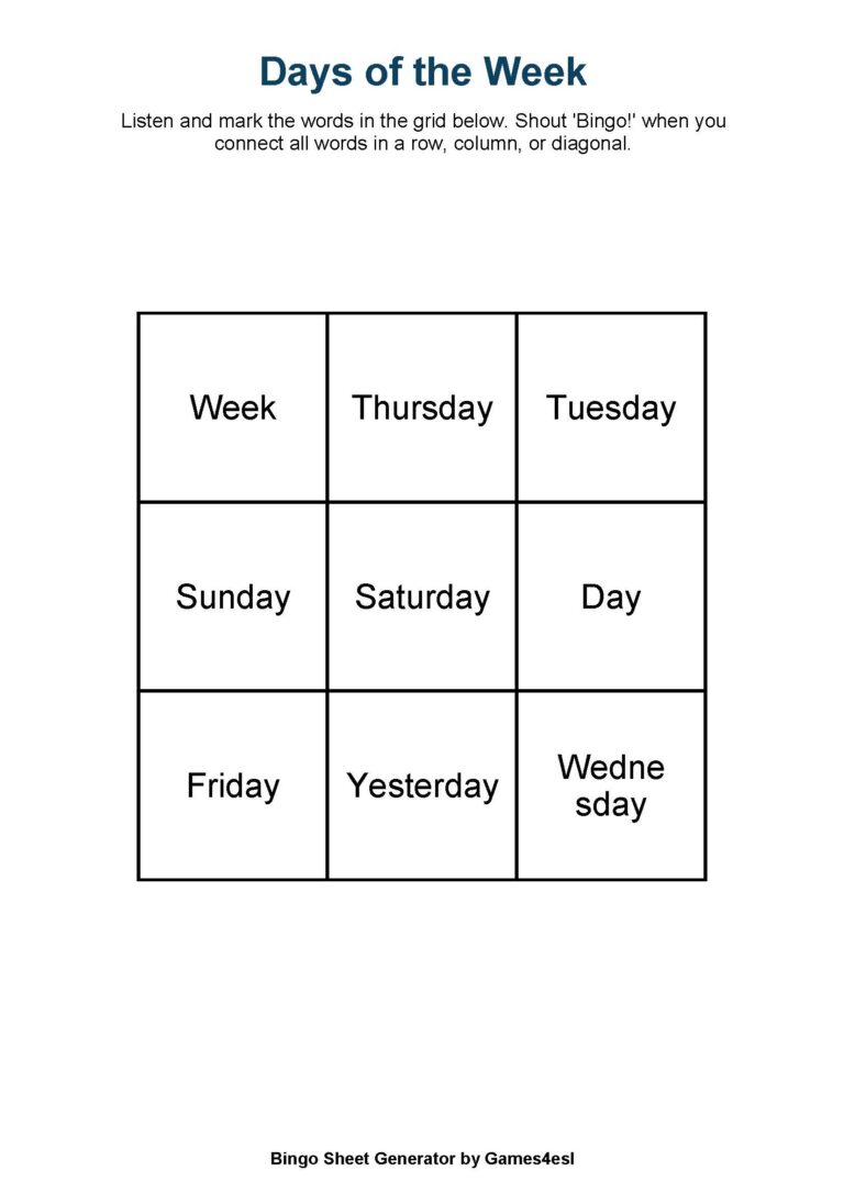 Free Printable Bingo Sheets For English Class | Games4esl