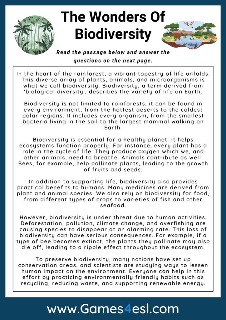 Biodiversity Reading Comprehension Worksheet