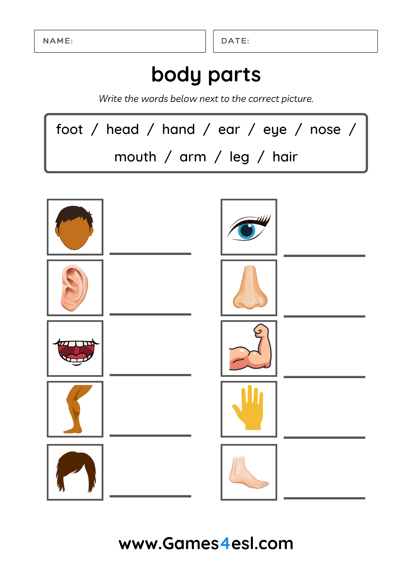 A Body Parts Matching Worksheet for kids.