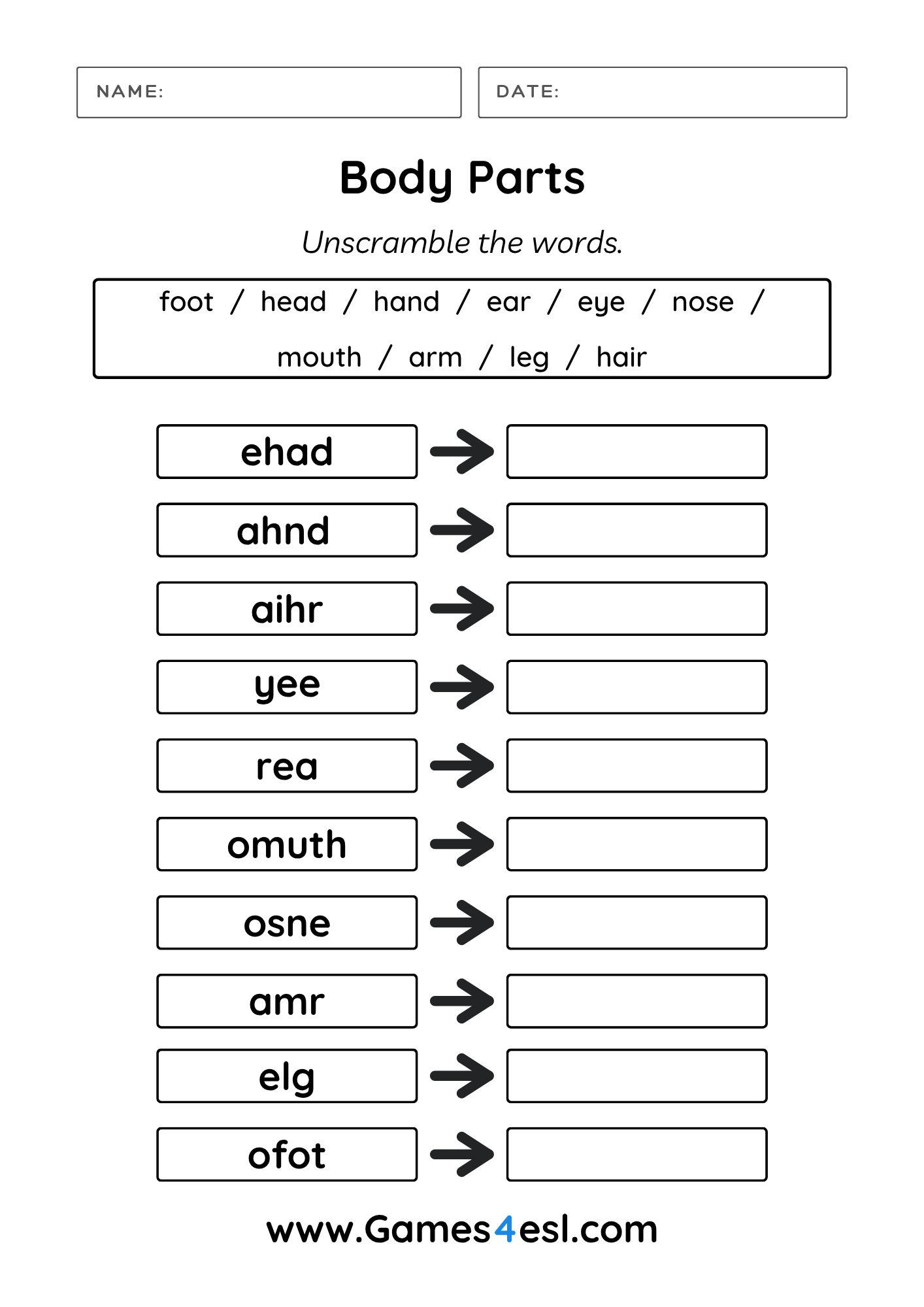 A worksheet for practing writing body parts in English.