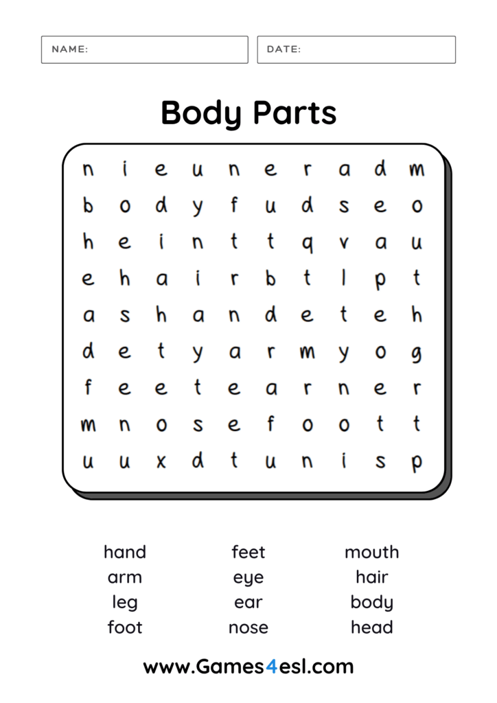 A printable Body Parts Word Search.