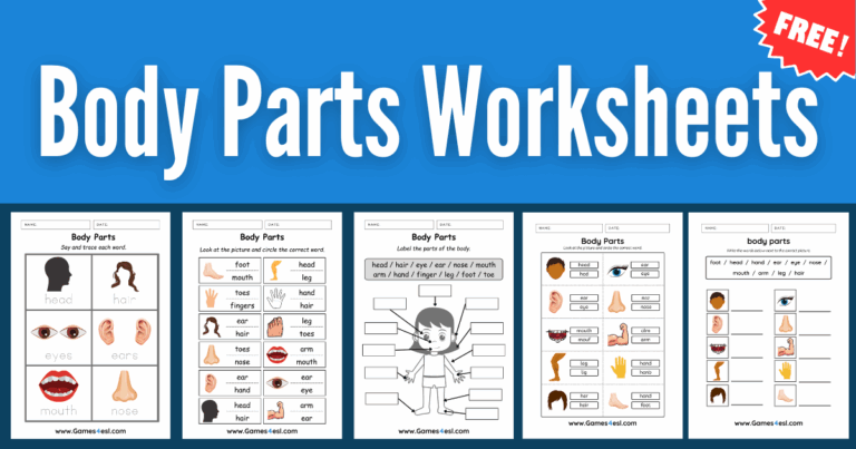 Collage of printable body parts worksheets for kids learning English vocabulary.
