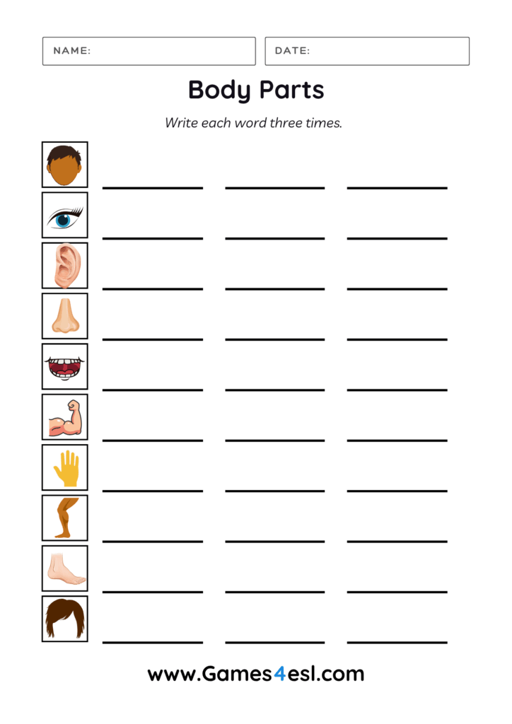 A worksheet for practicing writing body part words.