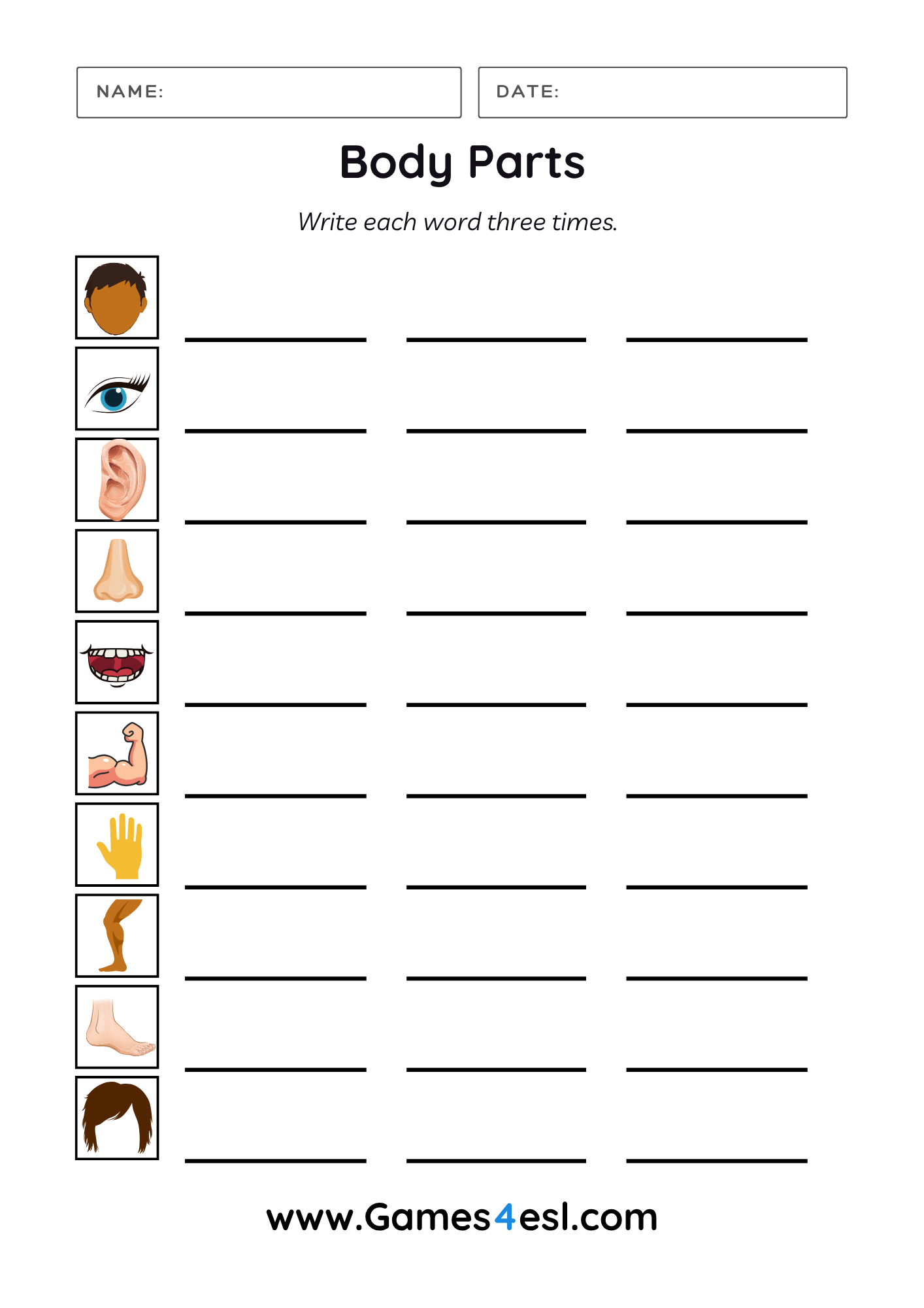 A worksheet for practicing writing body part words.