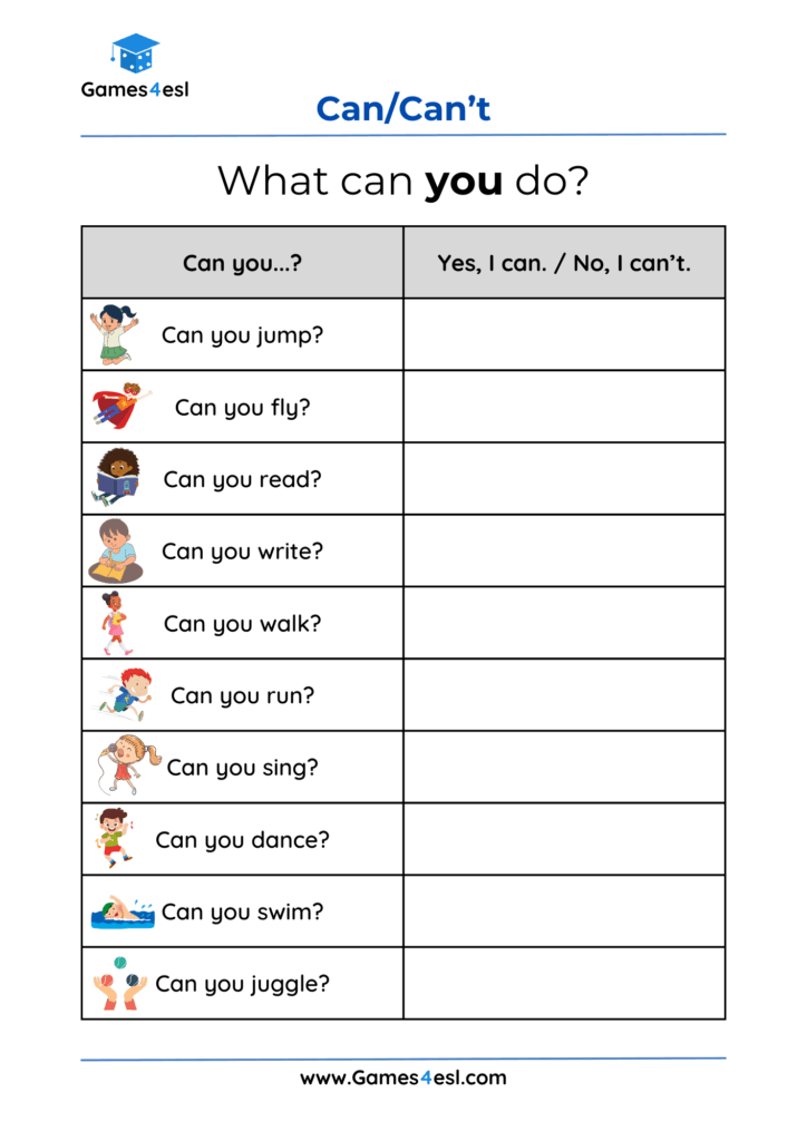 A worksheet for practicing writing about abilities using can and can't.