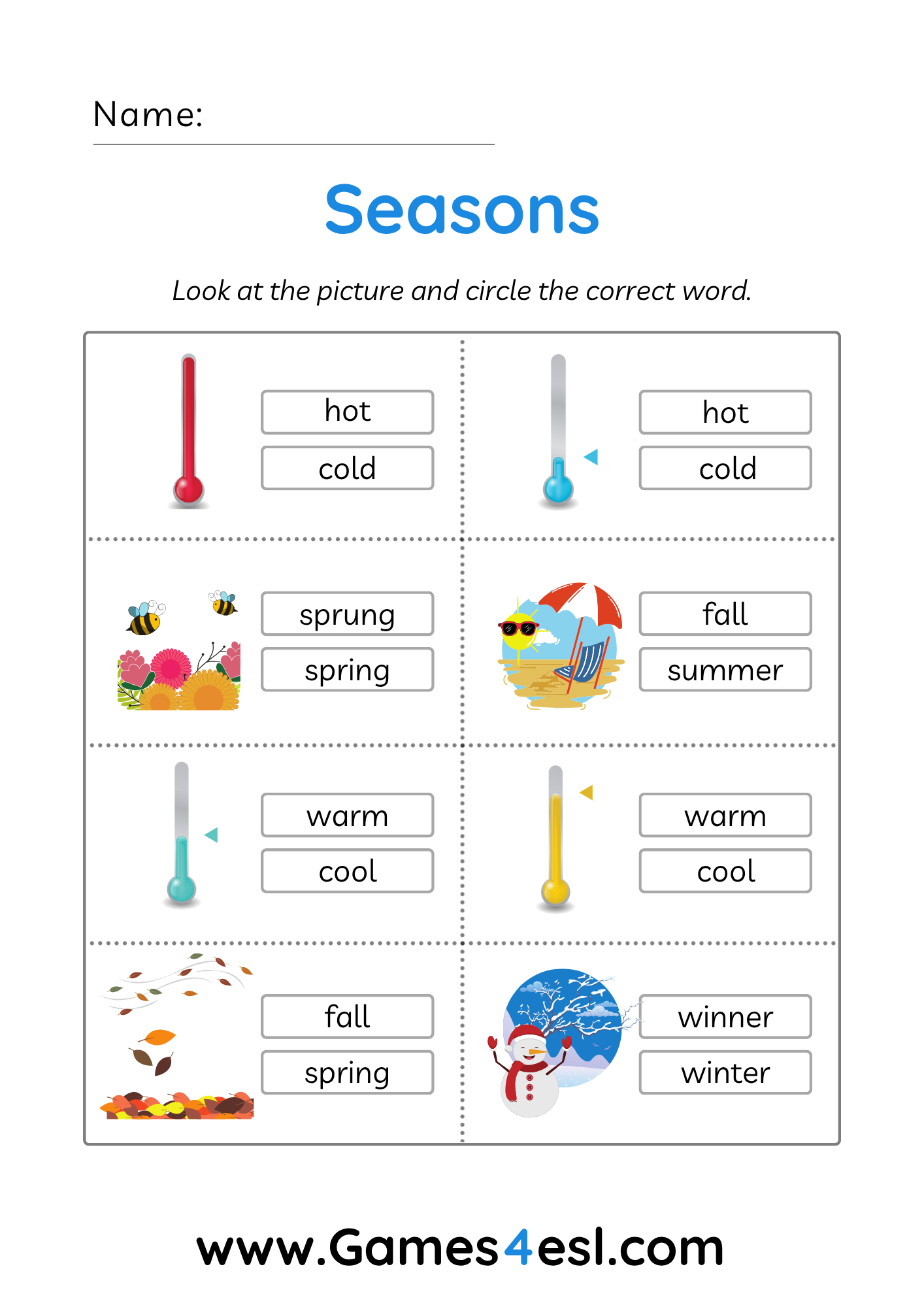 ESL worksheet with pictures of seasons and weather for students to circle the correct word.