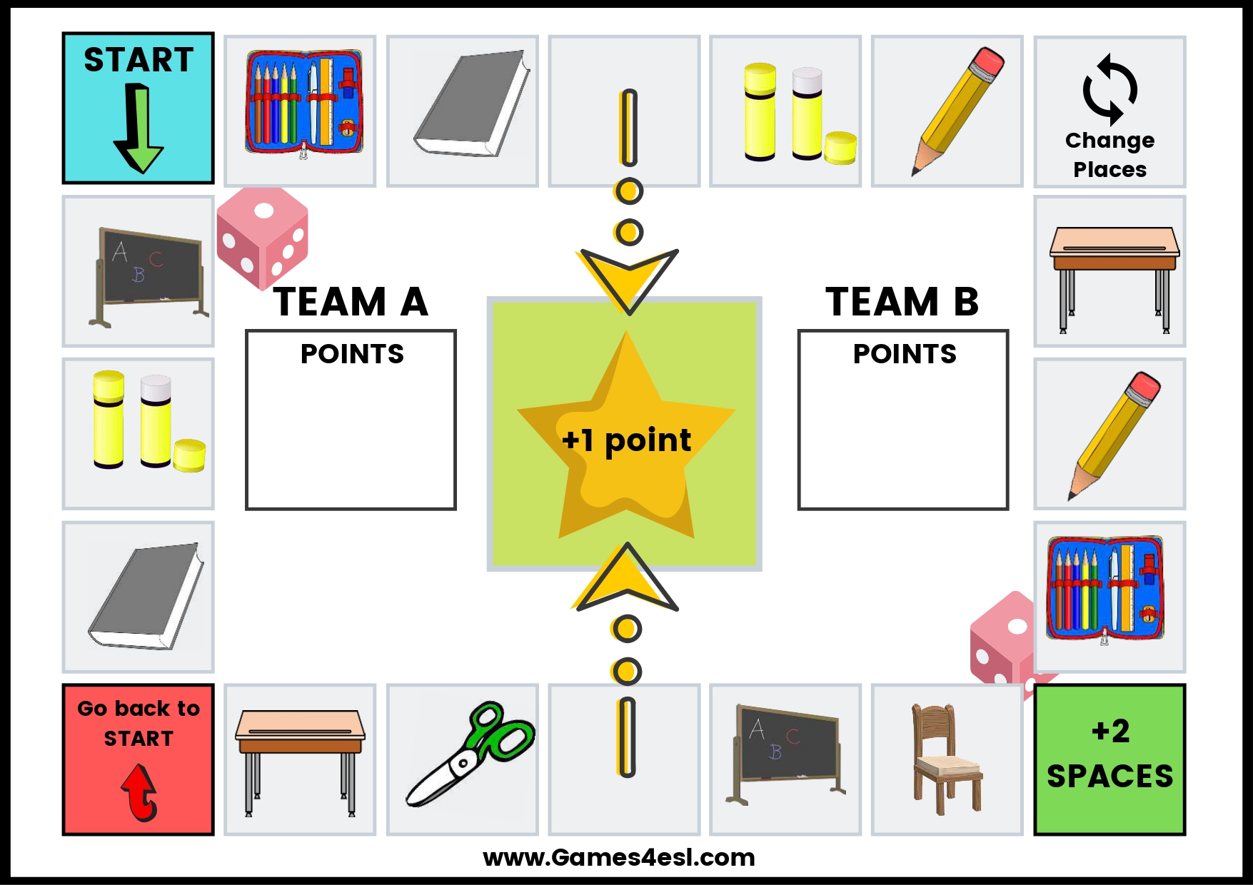 Printable Classroom Objects Board Games | Games4esl