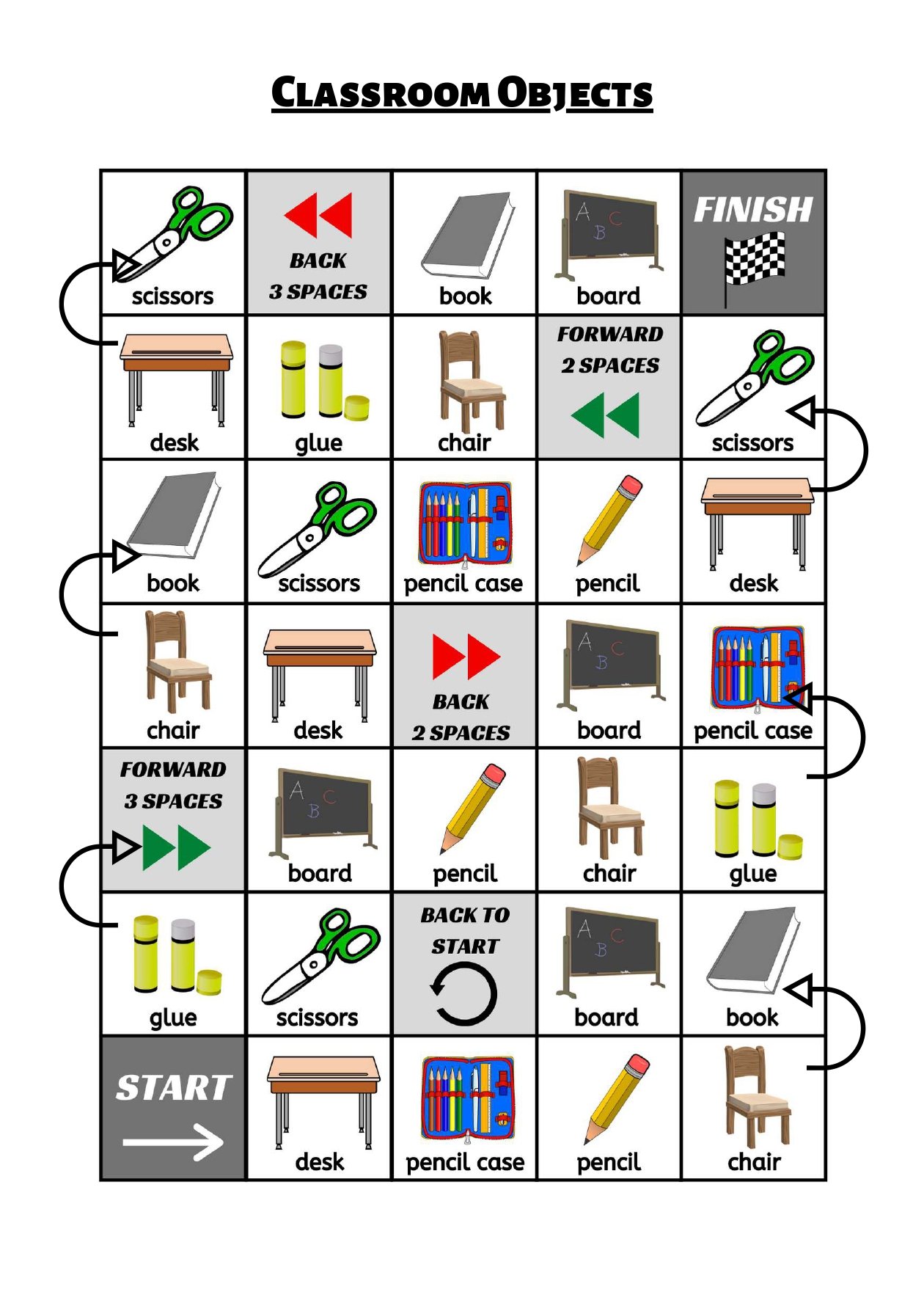 A printable board game to teach classroom objects in English.