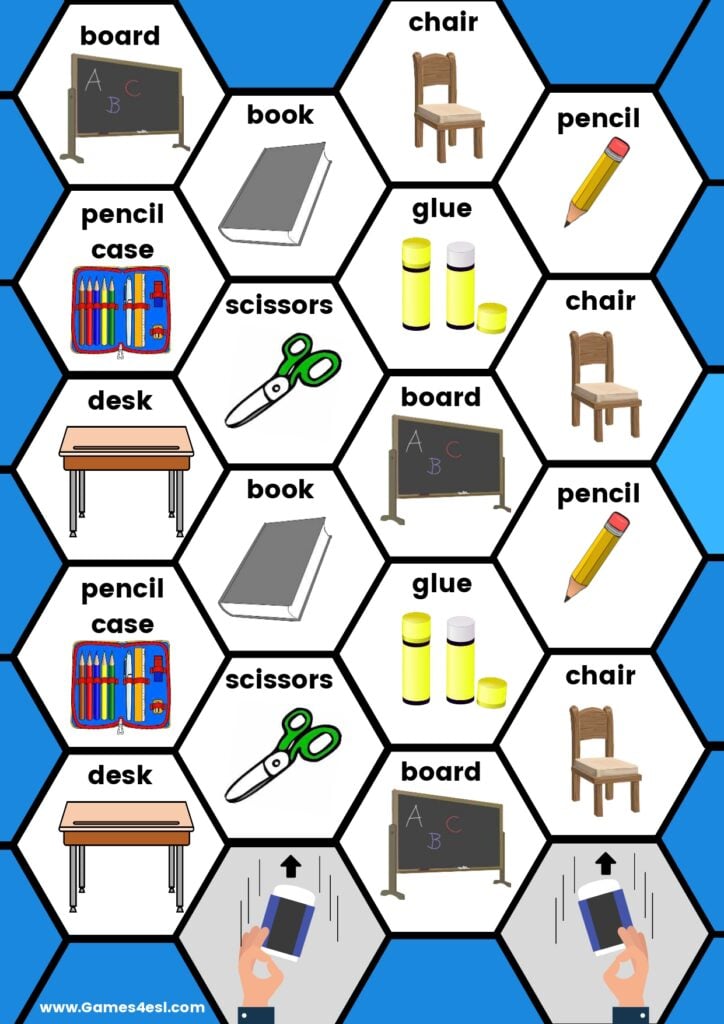 A printable board game to teach classroom objects in English.