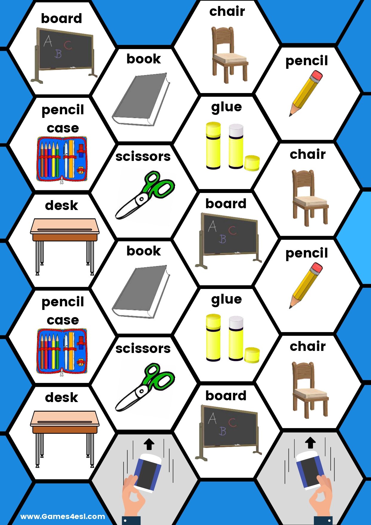 A printable board game to teach classroom objects in English.
