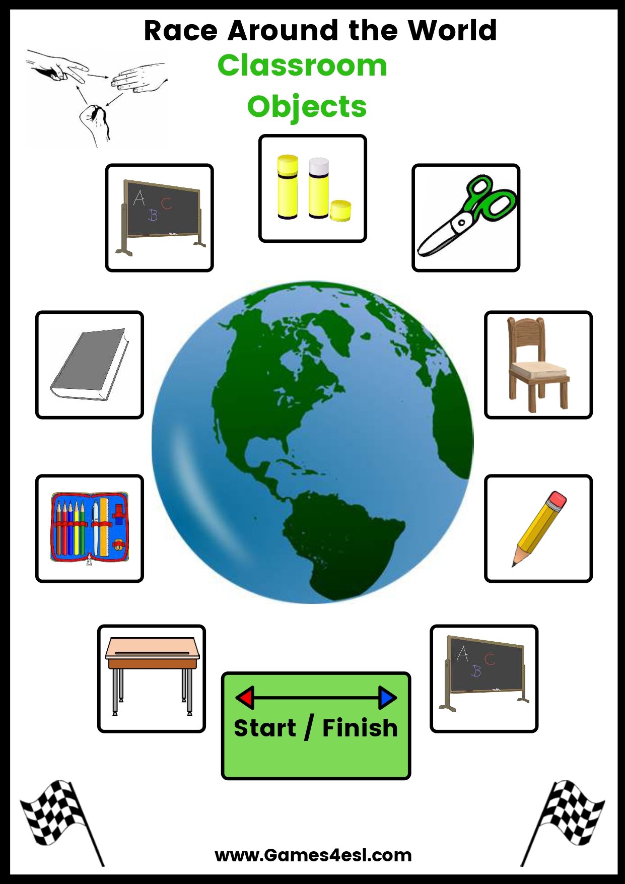 A printable board game to teach classroom objects in English.