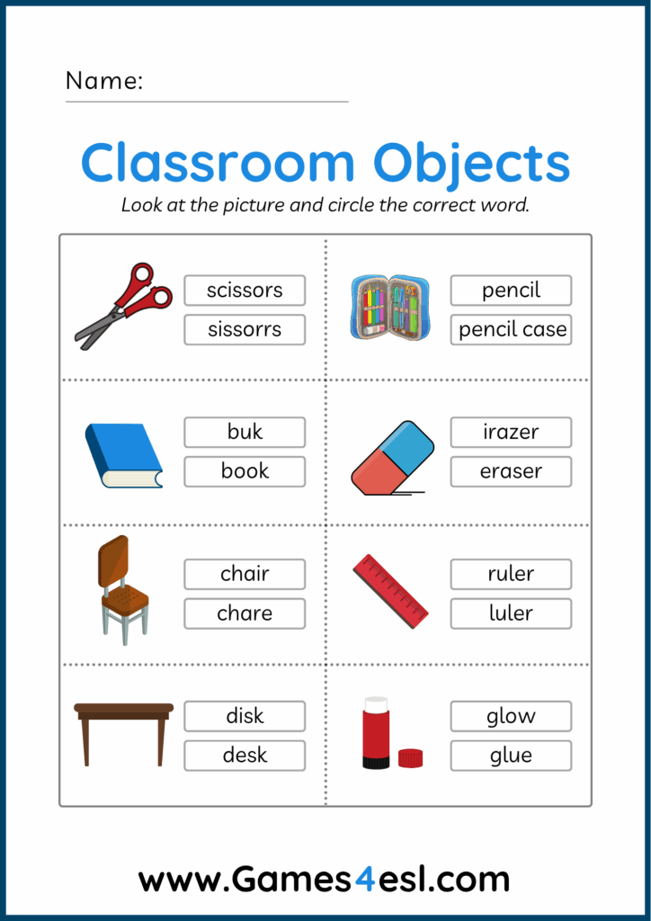 A Classroom Objects Spelling Worksheet,