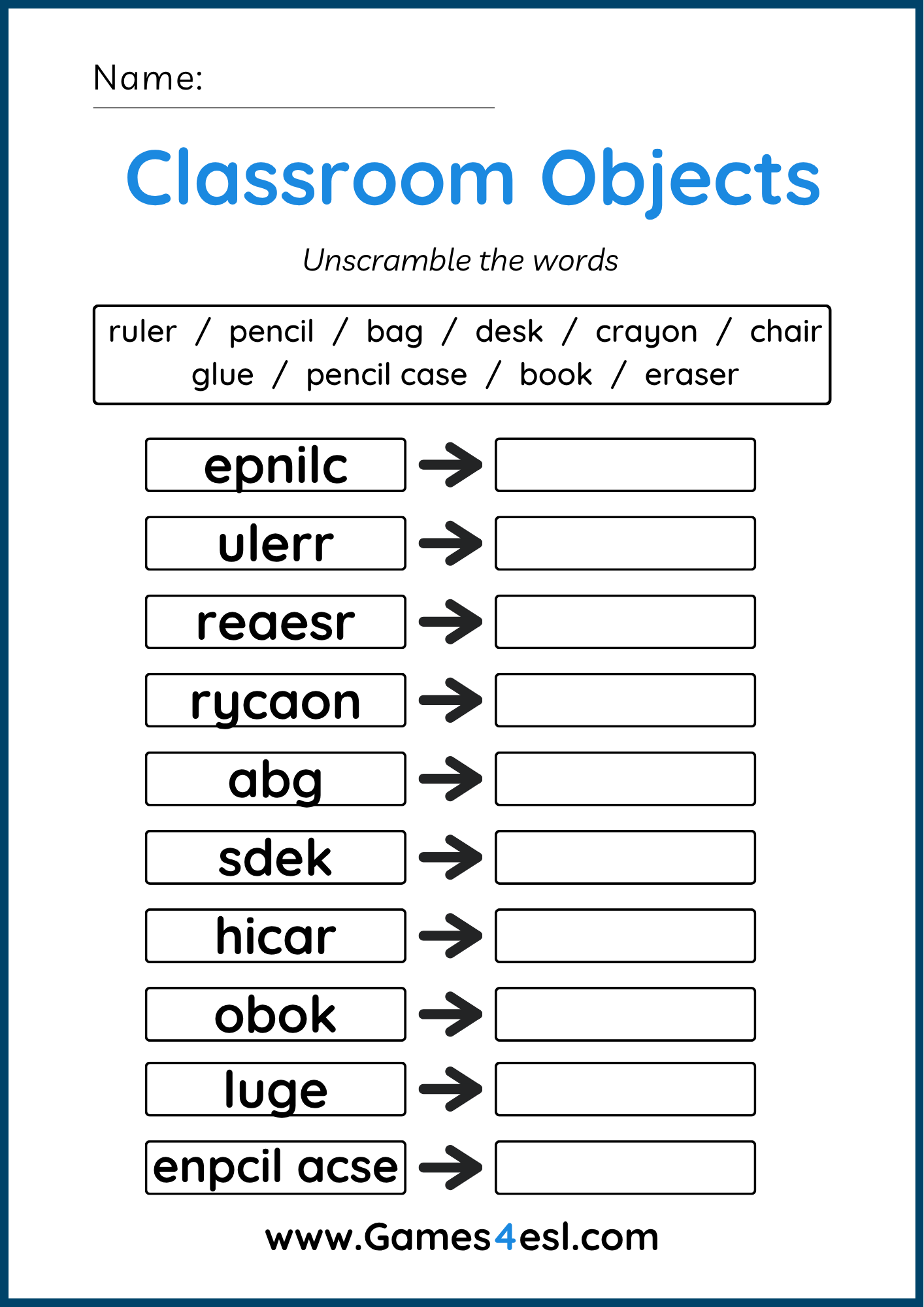 A Classroom Objects Unscramble Worksheet.