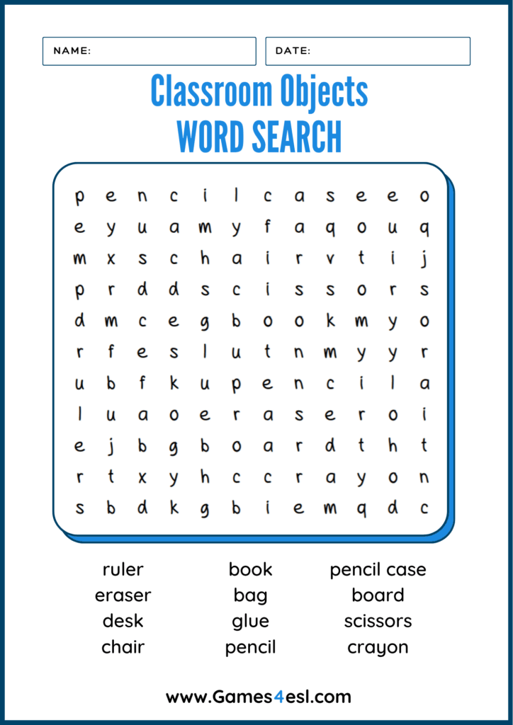 A classroom objects word search with 12 words.