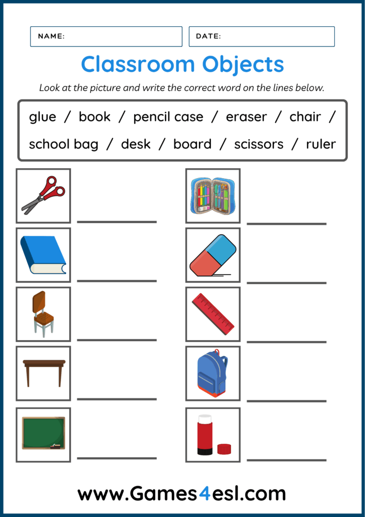 A Classroom Objects Writing Worksheet