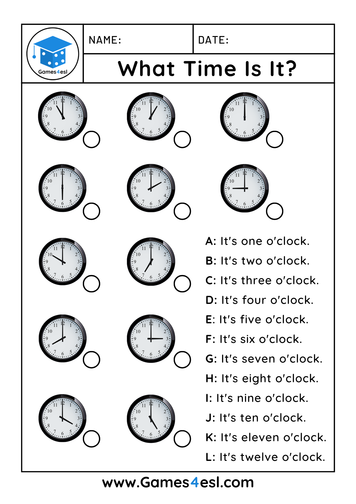 Telling the time worksheet – match sentences like ‘It’s three o’clock’ to the correct clock picture.