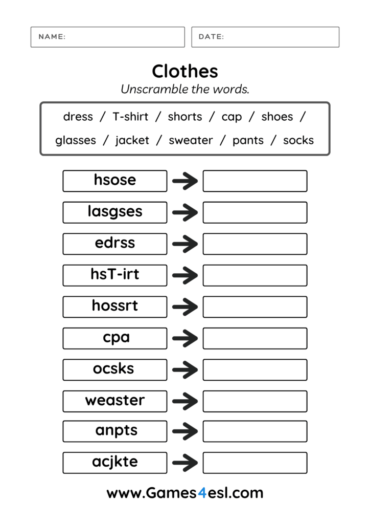 A Clothes Unscramble Worksheet