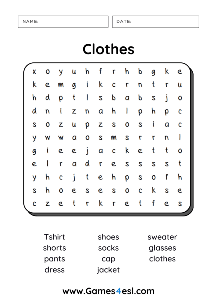 A Clothes Word Search