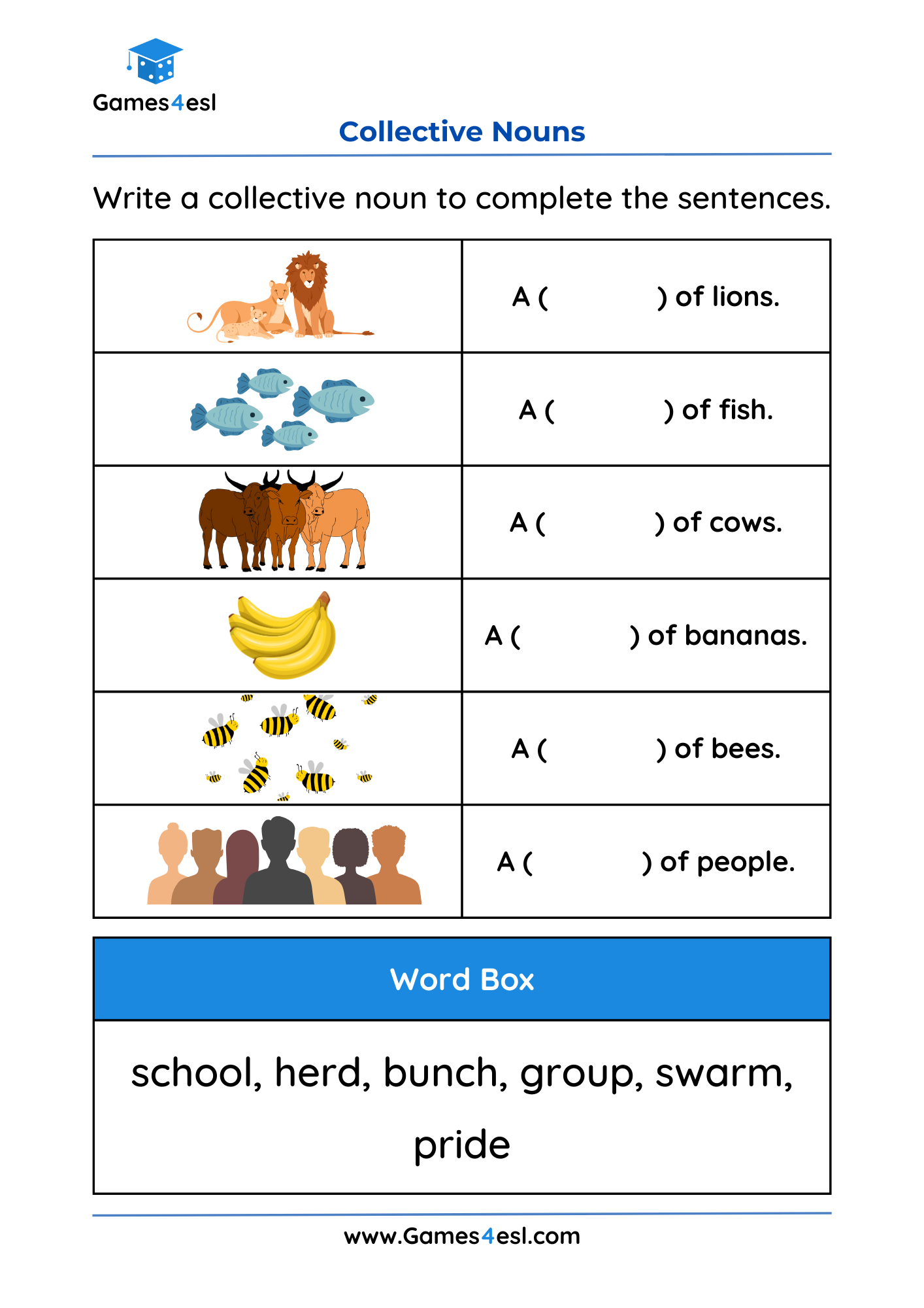A worksheet for teaching collective nouns in English.