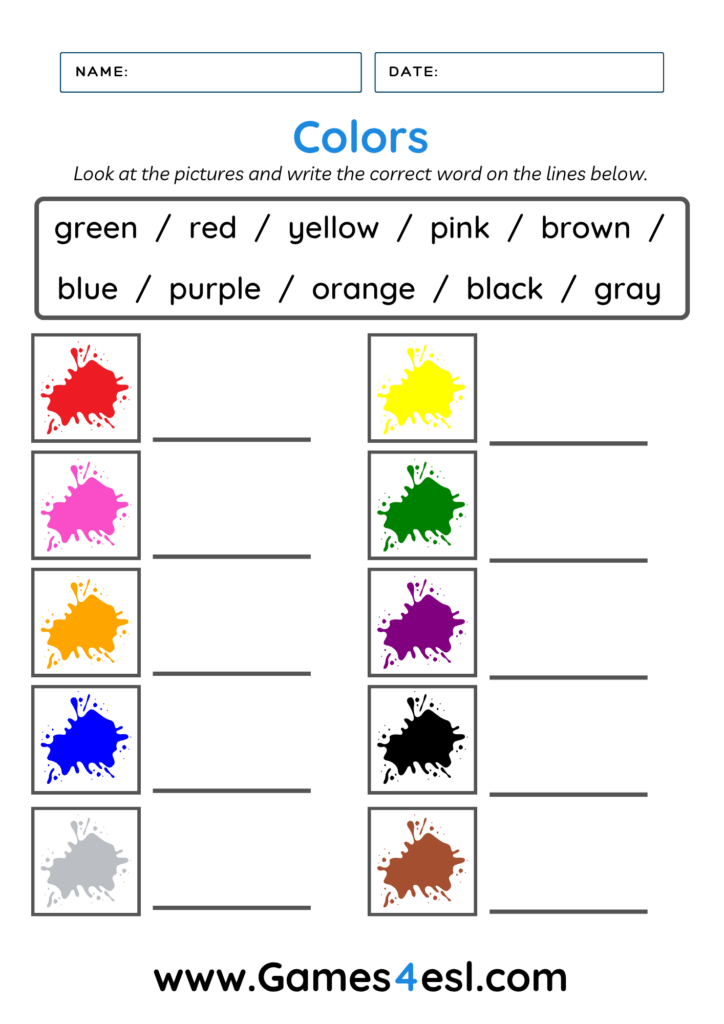 A worksheet for kids to practice writing color names in English.