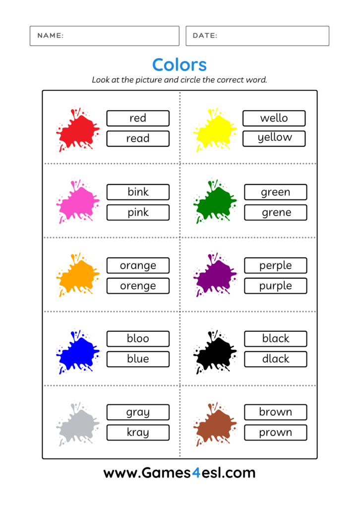 A worksheet for kids to practice spelling color names.