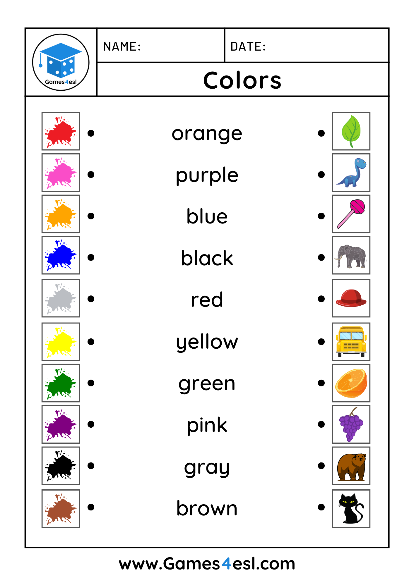 A color vocabulary matching worksheet.