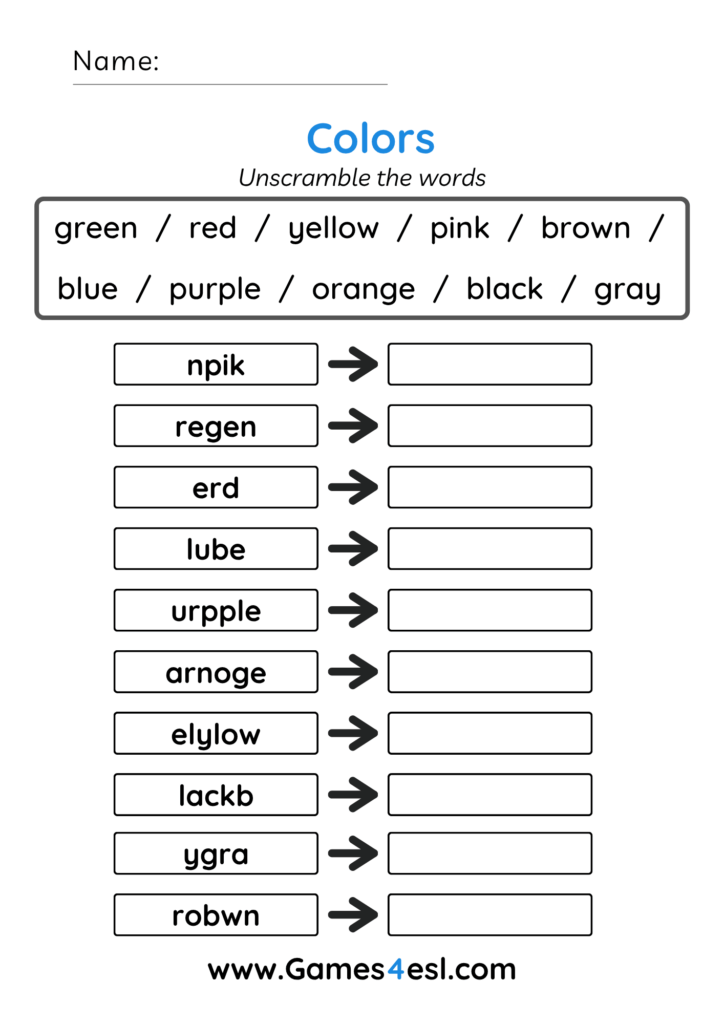 An unscramble the words worksheet about color names in English.