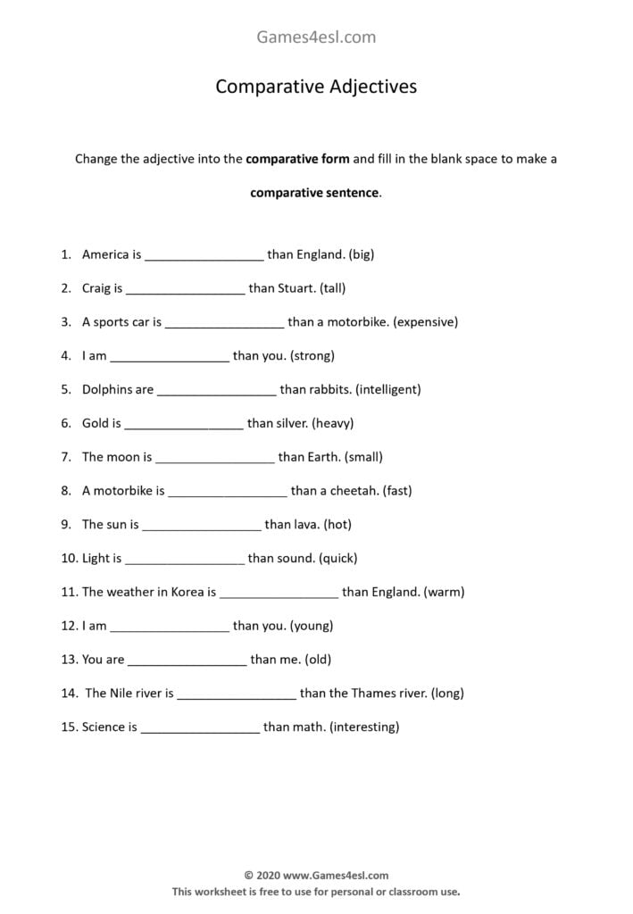 An exercise worksheet for practicing comparative adjectives.