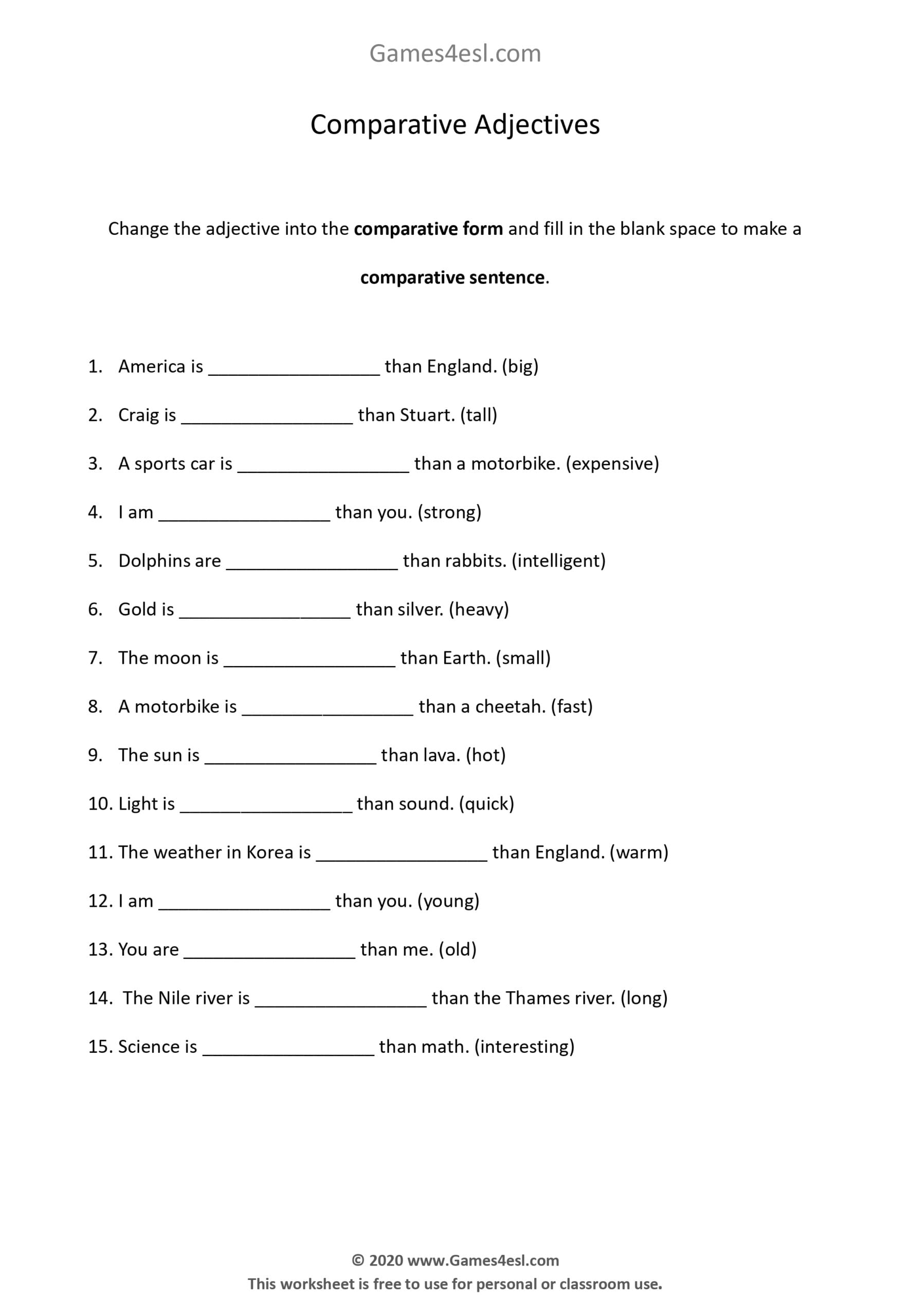 Free Comparative Adjective Worksheets | Games4esl