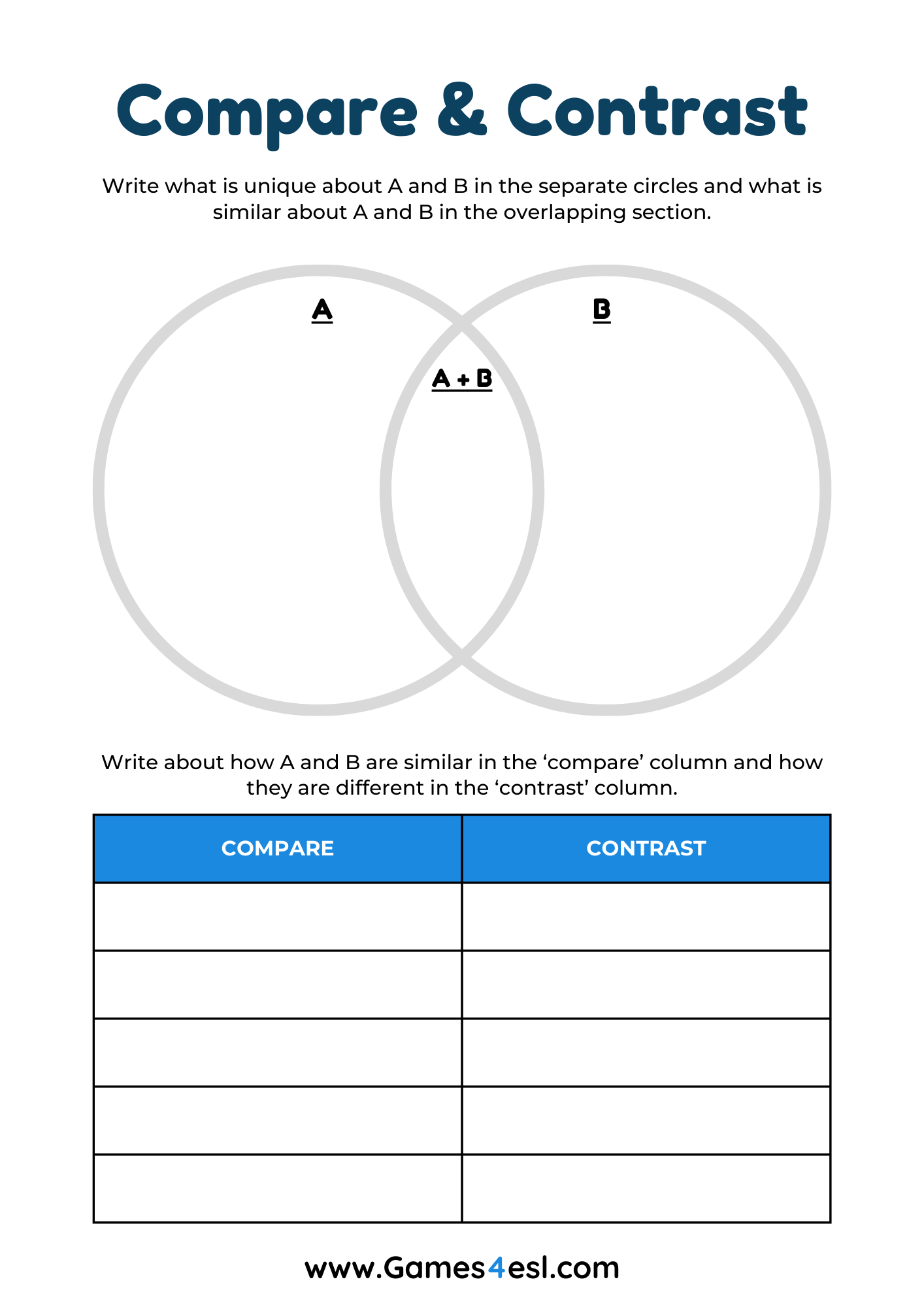 A Compare and Contrast worksheet with a Venn diagram.