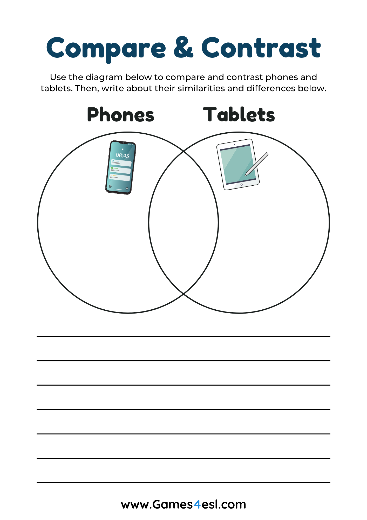 A Compare and Contrast worksheet with a Venn diagram that asks students to compare and contrast phones and tablets.